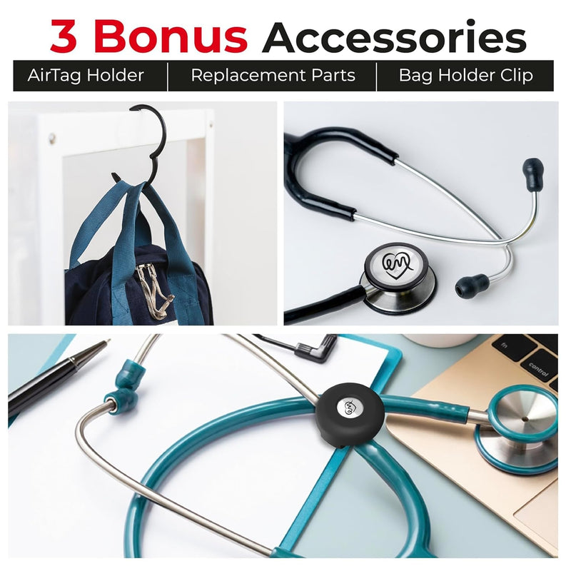 Stethoscope Holder Kit – Hip Clip with Rotating Clip for Neck Pain Relief + 3 BONUSES: Stethoscope AirTag Holder, Stethoscope Replacement Covers/Ear Pieces (Classic III & IV), and Bag Hanger Black
