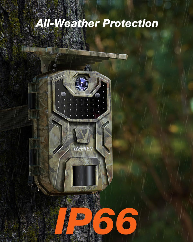 [AUSTRALIA] - iZEEKER Solar Trail Camera 36MP 2.7K 30fps with Night Vision 5200 mAh Rechargeable Lithium Battery No Glow Infrared LEDs, Game Camera with Motion Activated IP66 Waterproof for Outdoor Monitoring 