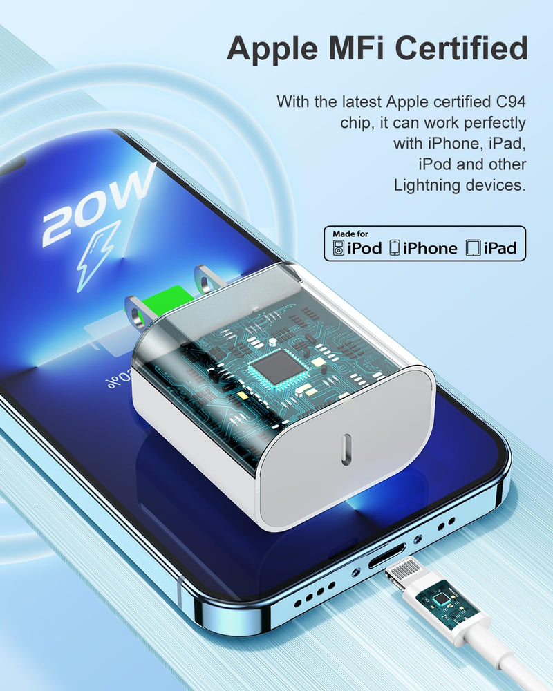 iPhone 14 13 12 Charger Fast Charging, 2 Pack 20W Fast PD USB C Wall Charger Adapter with 3Pack 6Ft USB C to Lightning Cable (MFi Certified) for 14/14 Plus/14 Pro/14 Pro Max/13/ White iPhone 14-6FT