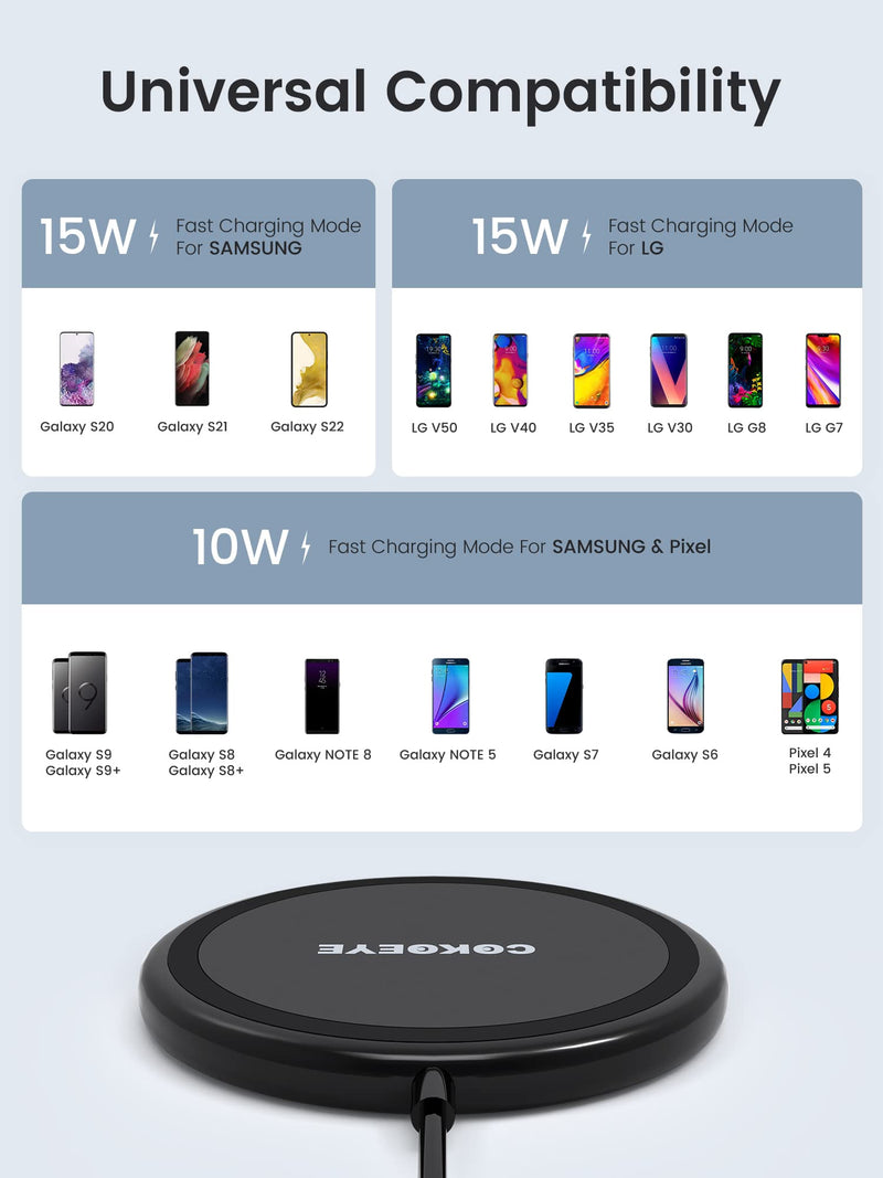 Wireless Charger, 15W Max Fast Wireless Charging Pad 2-Pack Compatible with iPhone 15/15 Pro/15 Plus/15 ProMax/14/14 Pro/14 Plus/13/12/Samsung S24 /S24Ultra/S23 Ultra/S22/S21/S20/Note 10, AirPods Pro Black