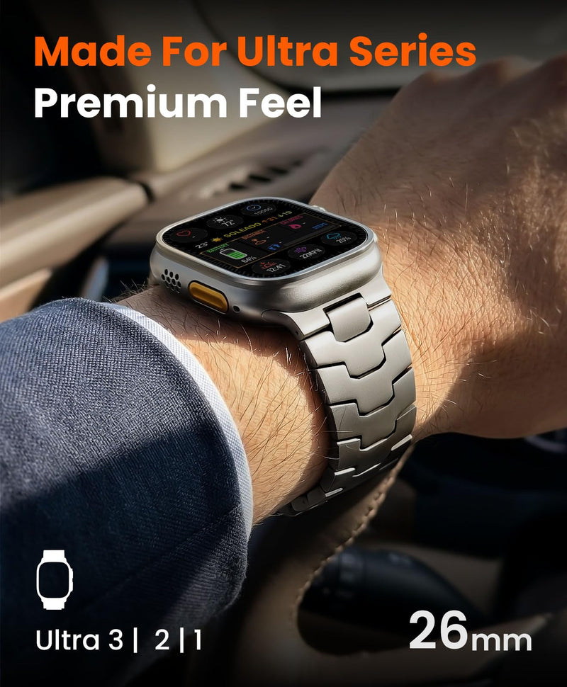 26mm Titanium Band for Apple Watch Ultra 2/Ultra 3 49mm, Rugged Metal Watch Band for Men, Robust iWatch Ultra Replacement Strap, DLC Scratch Resistant Titanium Link Bracelet, Foldover Clasp Titanium