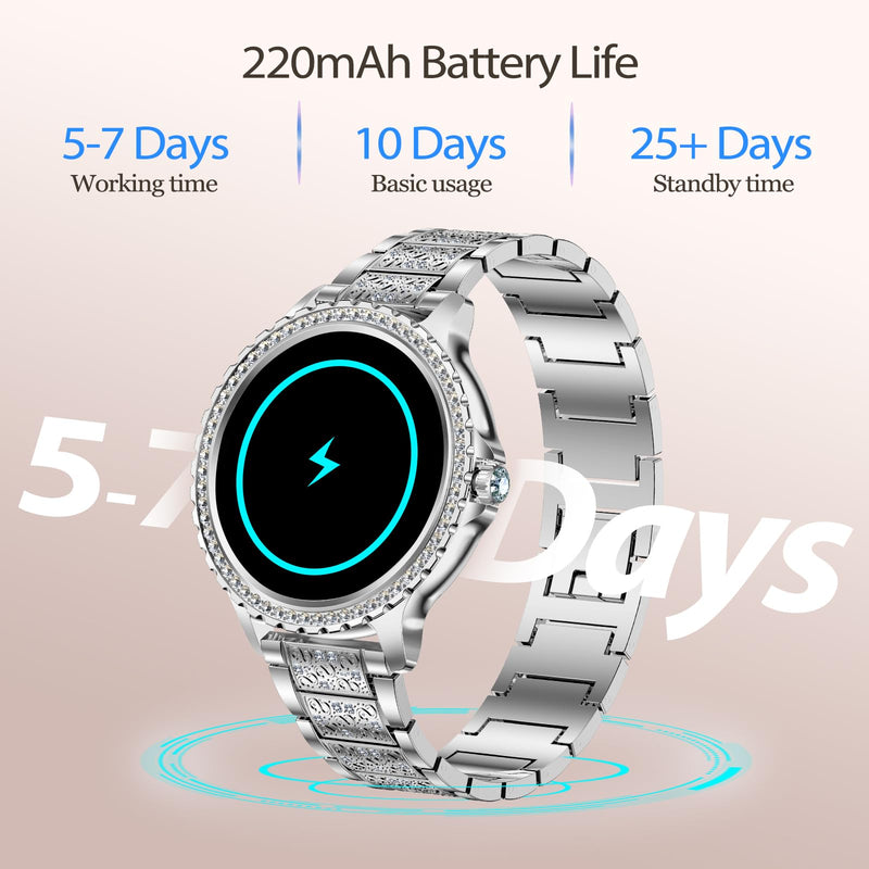 Smart Watch for Women with Diamonds, Bluetooth Calls, 1.32'' Full HD Screen Fitness Tracker with Multiple Sports Modes/Heart Rate/Sleep Monitor, IP68 Waterproof for Android iOS, Elegant Silver