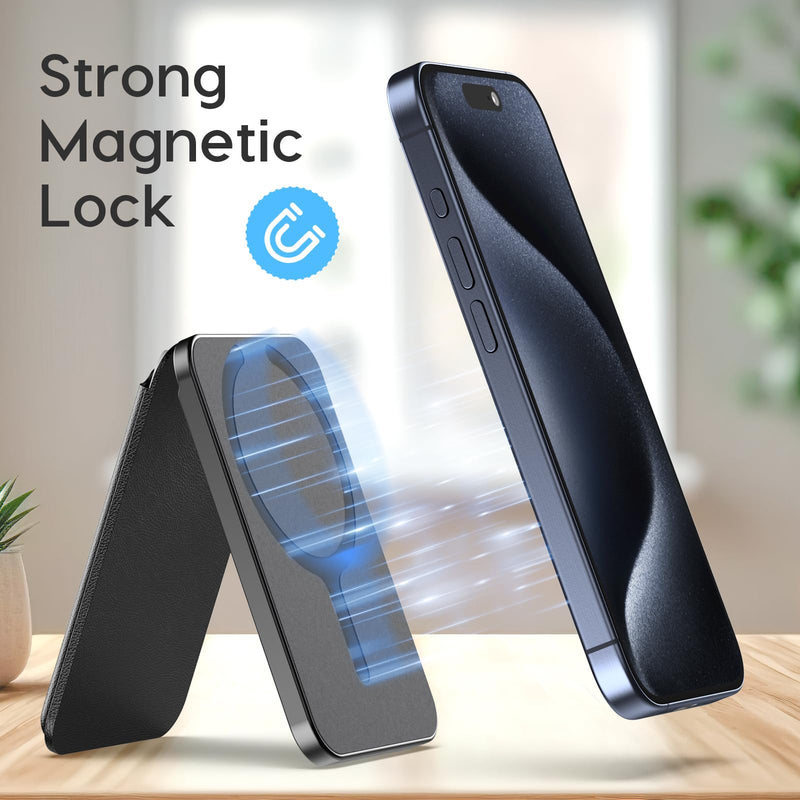 Magnetic Wallet ，Compatible with MagSafe Wallet, for iPhone Wallet with Adjustable Stand, for iPhone 15/14/13/12 Series, 3-Card HolderVegan Leather black