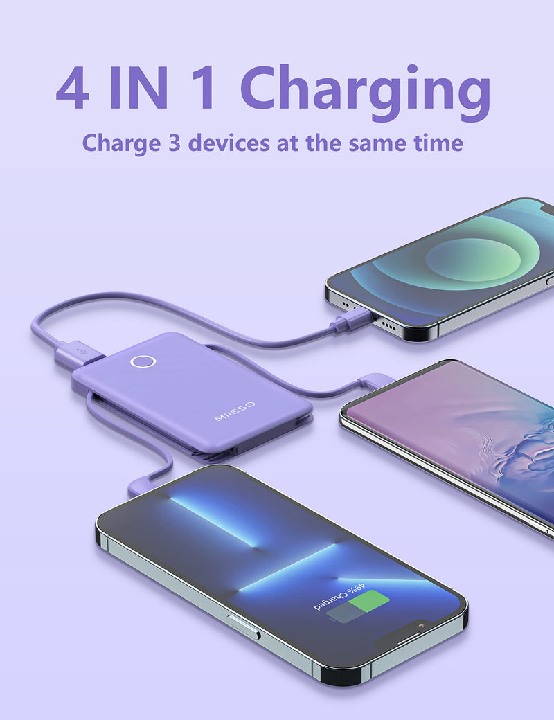miisso 6000mah Ultra Slim Built in Cables Power Bank, Card Size Built in USB C Cords Battery Pack Portable Charger for Phones, 3 Output External Battery Pack Compatible with iPhone, Samsung, Purple 6000mah Purple