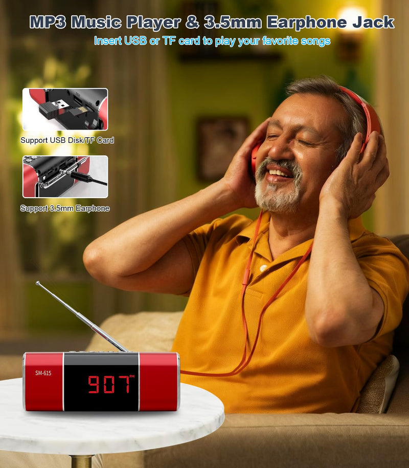 SEMIER Small Digital FM Radio with Bluetooth Speaker, Portable Rechargeable USB/SD Card MP3 Player Radio with Wireless Speaker and Headphone Jack for for Home/Outdoor Red