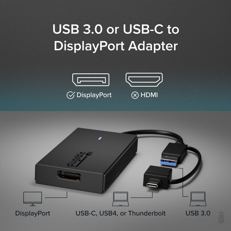 Plugable USB to DisplayPort Adapter - Connect via USB-C or USB 3.0 to Add a 2560x1440 Display – Compatible with Mac M1/M2/M3/M4, Windows, and ChromeOS