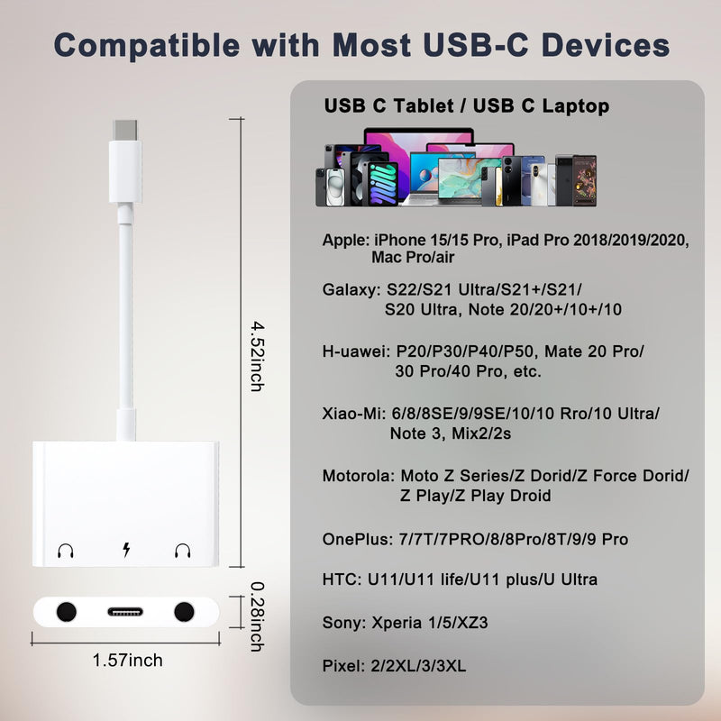 [AUSTRALIA] - USB C to 3.5mm Audio Adapter, 3 in 1 Aux to USB C Headphone Splitter Dual 3.5mm Audio Jack and PD 60W Fast Charging, Compatible for iPad Pro,Galaxy S22 S21/Note 20,Pixel 4 3 XL,Huawei,etc White 