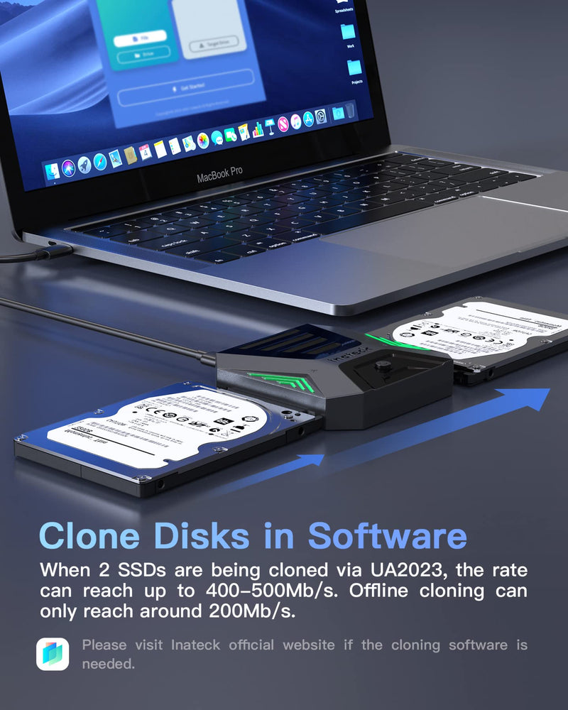 Inateck USB 3.2 Gen 2 to SATA Adapter, Disk Cloning in Software, Applicable for 2 x 2.5 Inch SSDs/HDDs