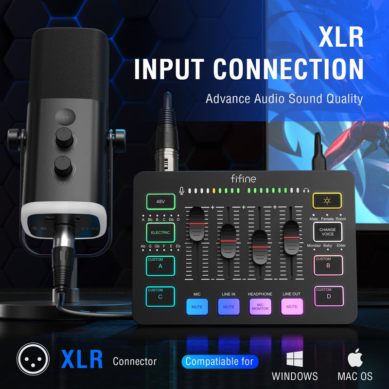 [AUSTRALIA] - FIFINE Gaming Audio Mixer, Streaming RGB PC Mixer with XLR Microphone Interface, Individual Control, Volume Fader, Mute Button, 48V Phantom Power, for Podcast/Recording/Vocal/Game Voice-AmpliGame SC3 Black 