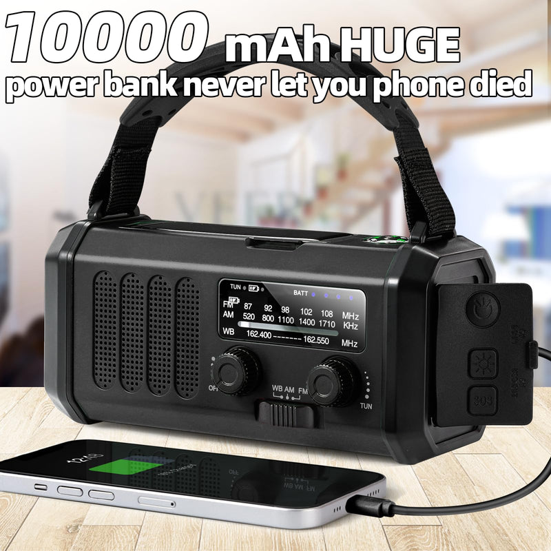 QAUYYW10000mAh/37000mWh Emergency Hand Crank Radio AM/FM with LED Flashlight Solar Radio, Portable Weather Radio, Emergency Cell Phone Charger for Family Outdoor Camping and Emergency Rescue Us Black