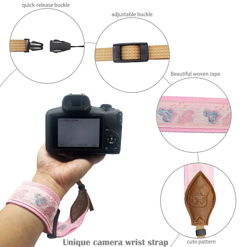 Camera Hand Strap, Adjustable Camera Wrist Strap for Canon Nikon Sony Fujifilm DSLR, Camera Straps Photographers Pink Embroidery Camera Wrist Strap