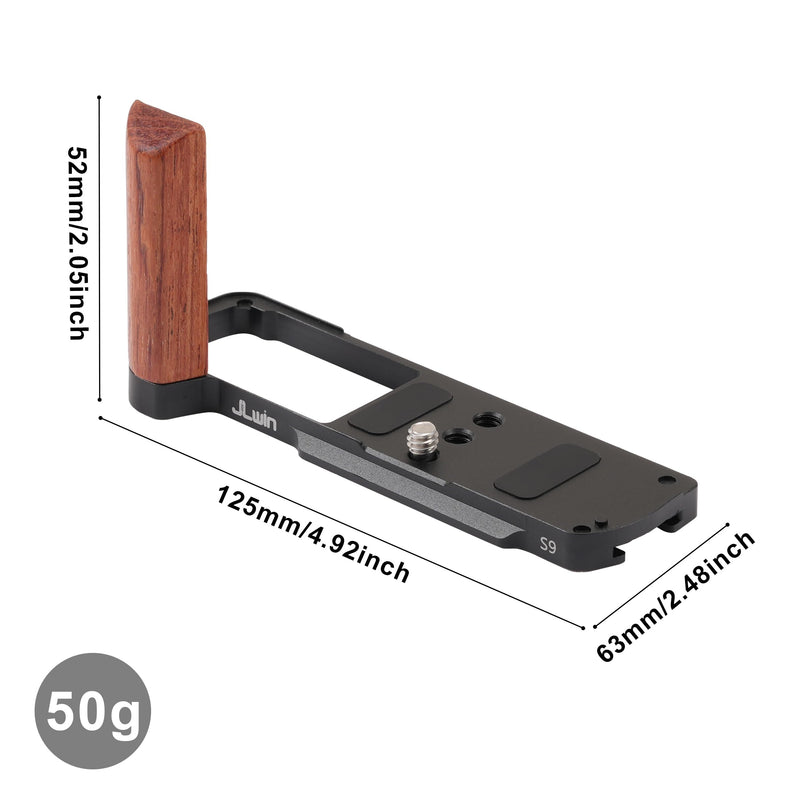 FocusFoto L-Shaped Wooden Handle Grip Quick Release Plate for Panasonic Lumix S9 Camera - Retro-Styled Handgrip, Arca Swiss Compatible Tripod Mount, Aluminum Alloy Baseplate (Black) Black Plate