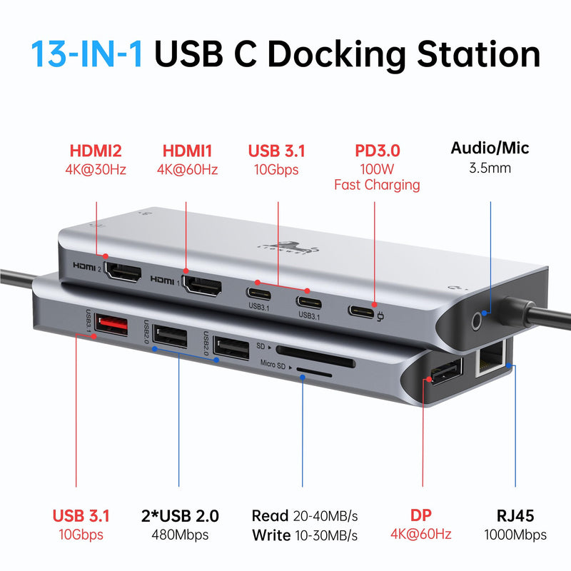 USB C Laptop Docking Station 3 Monitors - 13 in 1 USB C Hub with 2 HDMI+DisplayPort+10Gbps USB A/C, 6 USB, 100W PD, Ethernet, SD/TF, Audio, LIONWEI USB C Dock for MacBook/Dell/HP/Surface 13 IN 1(2 HDMI+DisplayPort)