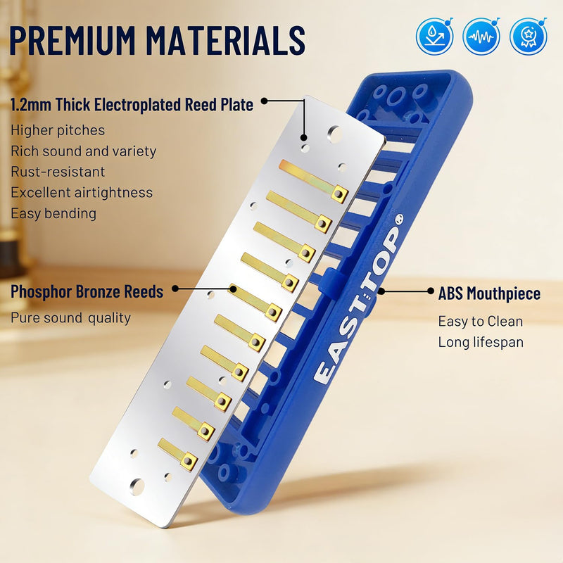 [AUSTRALIA] - EAST TOP Upgraded Blues Harmonica Key of C, Professional Diatonic Mouth Organ 10 Holes 20 Tones T009 2.0 for All Level's Players BLUE-C 