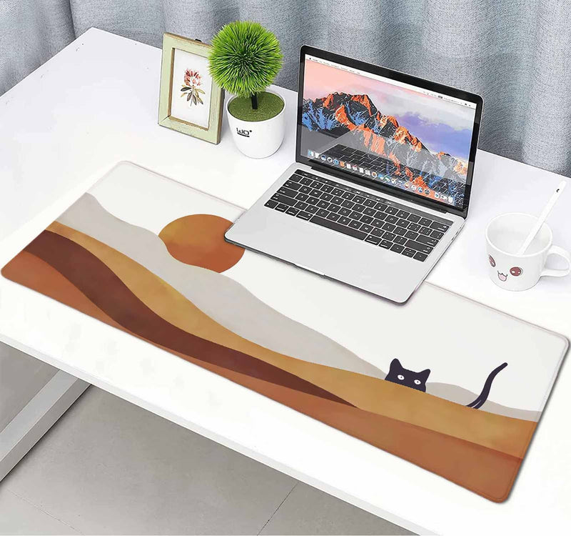 Large Gaming Mouse Pad, Desk Pad, Keyboard Mouse Mat Non-Slip Mousepad Rubber Base and Stitched Edges for Laptop Computer Office Desk Accessories, 31.5 X 11.8 Inch, Sunrise Mountain Black Cat