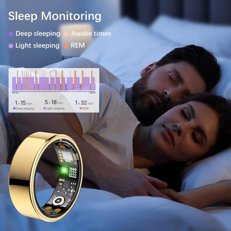 Smart Ring for Women Men, Fitness Ring with Heart Rate, Blood Oxygen,Stress, Sleep Tracker, Step Tracker, Fit Ring No Subscription Fee, IP68 Waterproof Smart Ring for iPhone & Android (Gold, 8#) Gold 8#