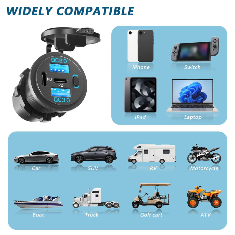 2PCS,Dual PD USB C Ports & Dual USB Quick Charge 3.0 Ports 12V USB Outlet with Switch, VANONE Waterproof and Dustproof Car Charger Socket, Accessories for Car Boat Marine Motorcycle RV ATV Golf Cart 2PCS-4PORT1SWITCH