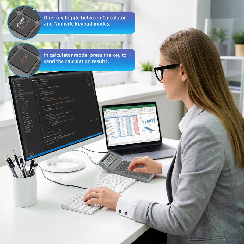 2-in-1 Wireless Bluetooth Number Pad, Bluetooth 5.0 & 2.4G Numeric Keypad with Calculator & Adjustable Screen, USB C Rechargeable Numpad for Laptop, Mac, iMac, Windows,Tablet, PC Desktop - 33ft Range