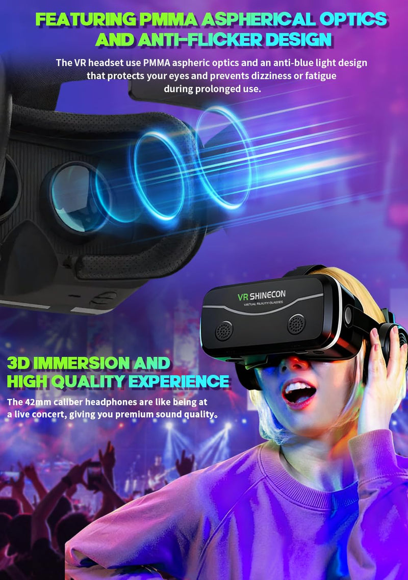 Smartphone VR Headset with Built‑in Headphones, Immersive 3D for 4.7-7.2" iPhone/Android, HD Aspheric Lenses, Adjustable Focus & Pupil Distance, Advanced Heat Dissipation for Comfort