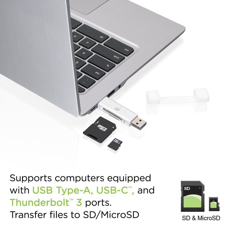 IOGEAR USB-C 2-in-1 SD Card Reader - w/USB Type A - SDXC - SDHC - SD - MMC - RS-MMC - Micro SDXC - Micro SD - Micro SDHC Card - UHS-I Cards - GFR3C12