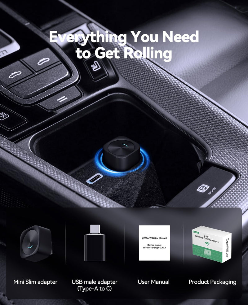 Wireless CarPlay & Android Auto Adapter, Convert Wired to Wireless | Fast Auto Reconnect, Plug & Play for Factory Wired CarPlay Vehicles, Compatible with Most Cars 2016+, Black