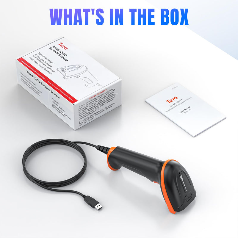 [AUSTRALIA] - Tera Upgraded USB 1D 2D QR Barcode Scanner Wired, Officially Certified Dustproof Shockproof Waterproof IP65 Ergonomic Handle Fast and Precise Scan for Windows Linux Plug and Play Model D5100Y 2D Wired 