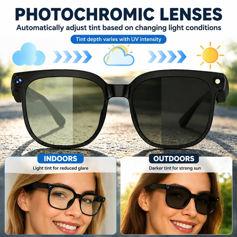 AI Smart Glasses with Photochromic Lenses, 8MP HD Camera, Bluetooth Audio | AI Translation Support; Open-Ear Audio; Dual ENC Microphones; Lightweight TR90 Frame; 290mAh Battery; Office Travel Use; Call Clear Lens