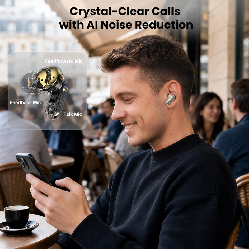 TOZO NC20 Active Noise Cancelling Wireless Earbuds LDAC Hi-Res Bluetooth | 6 Mics AI Call Ear Buds 80H Playtime, Dual Pairing, 32 EQ via App, IPX8 Waterproof, Wireless Charging Case Matte Champagne