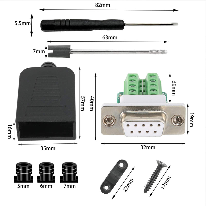 Dbilida DB9 Solderless Connector (5Male+5Female), DB9 Breakout Connector RS232 D-SUB Serial to 9pin Port Terminal with Case 5Male+5Female