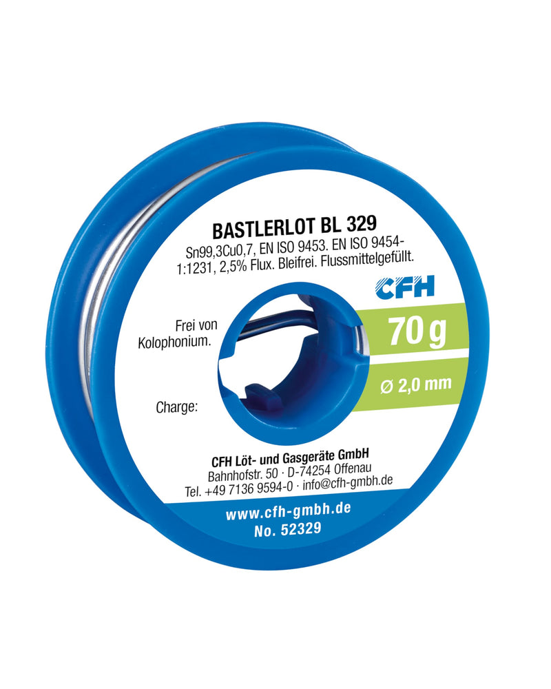 CFH Bastlerlot EL 329 – Solder Diameter 2.0 mm, 70 g, Flux Filled, Lead-Free, Ideal Solder for Repairs and Soldering Projects in Crafts, High Quality, Made in Germany