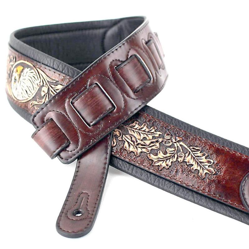 Walker & Williams KB-03-BRN Walnut Brown Full Grain Center Block Carving Leather Padded Guitar Strap With American Eagle & Oak Leaves For Acoustic, Electric, And Bass Guitars