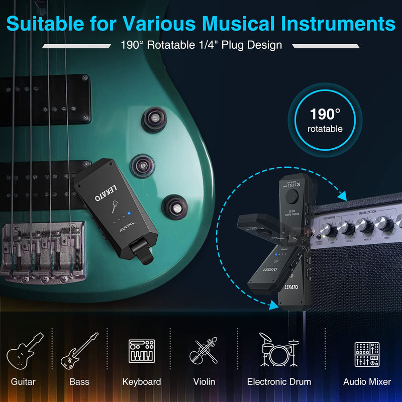 [AUSTRALIA] - LEKATO 5.8G Wireless Guitar System Upgraded Rechargeable Wireless Guitar Transmitter Receiver, Super Long 8 Hours Battery Life, 4 Channels Guitar Wireless System for Electric Guitar Bass(WS-90) 