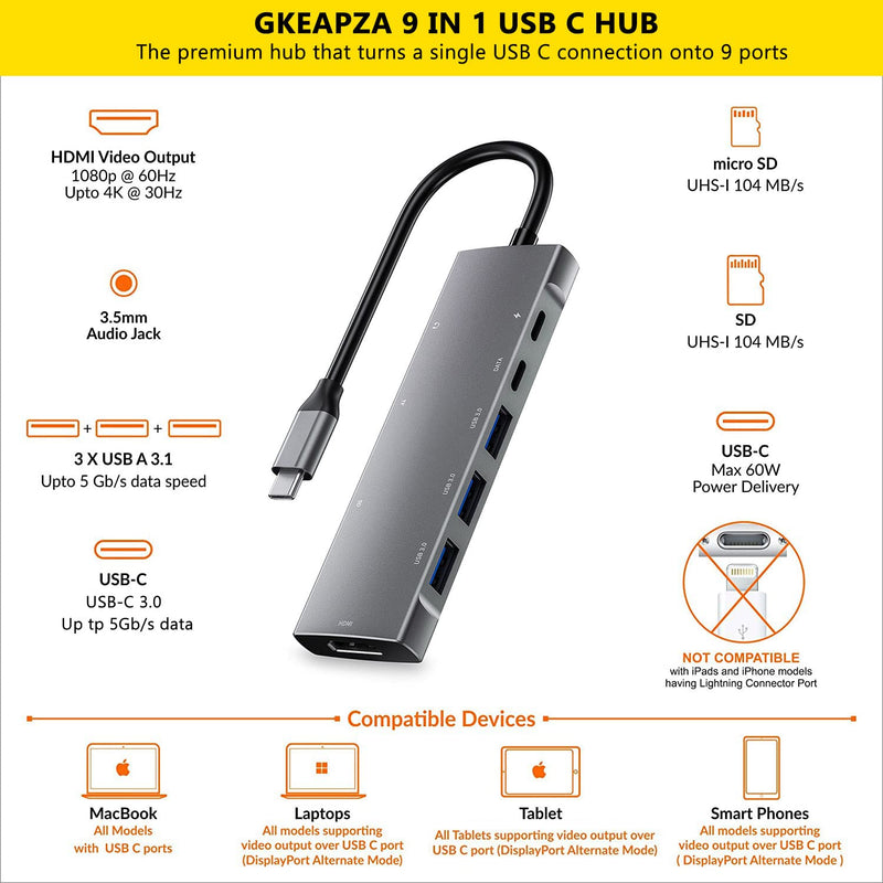 USB C Hub Multiport Adapter for iPad Pro MacBook Pro Air M1 2021-2018, 9-in-1 USB C 4K HDMI Adapter with 3.5mm Audio Jack,3xUSB3.0,SD/Micro SD Card Reader,60W USB C Charging,USB-C 3.0 Data
