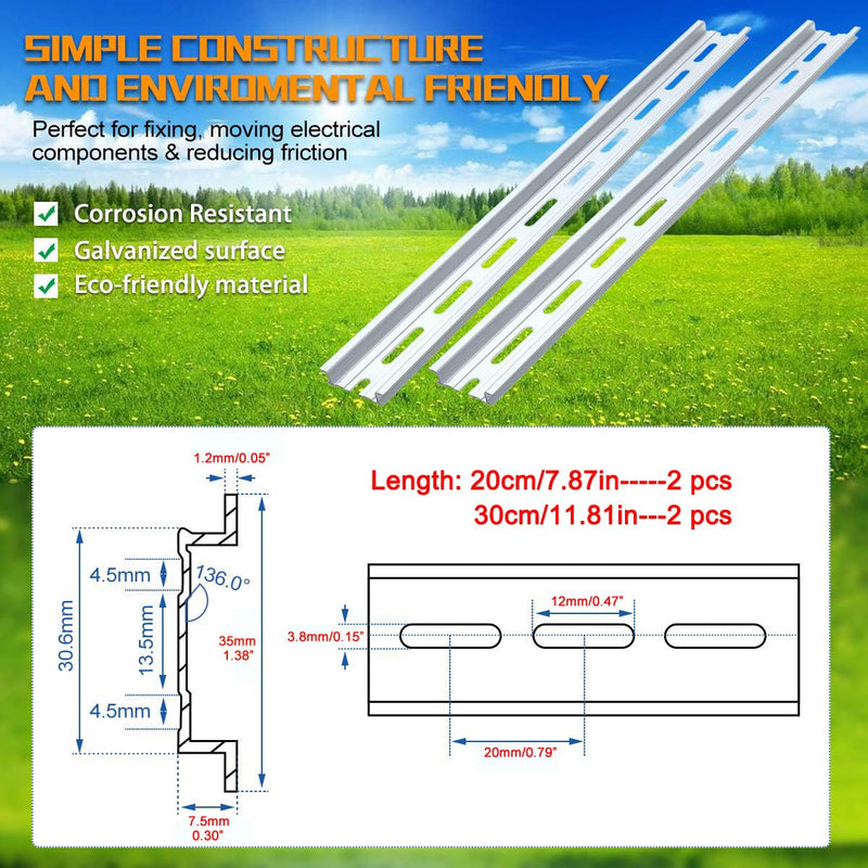 Greluma 4pcs DIN Rail - 2pcs 20cm + 2pcs 30cm Aluminium DIN Rail for Electric Control Cabinets - Width 35mm, Height 7.5mm, Thickness 1.2mm 2 pieces 20 cm + 2 pieces 30 cm