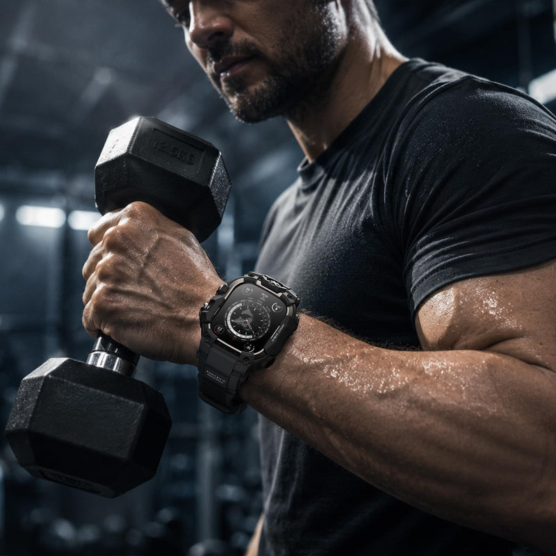BXUXOHS Rugged Case and Band for Apple Watch Series 9/8/7 45mm Cover Men | Military-Grade Tactical Durable Case,Shockproof Metal Bumper,Mudproof Waterproof TPU Band Cover for iWatch 9/8/7 45,Black 03-Black & Titanium Black