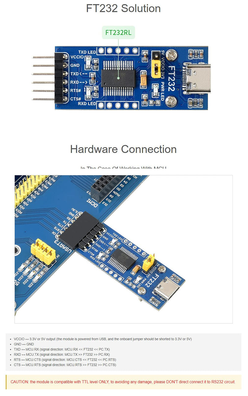 FT232 USB to UART (TTL) Communication Module, USB-C Connector, Compatible 3.3V/5V Logic Level, Supports Mac OS, Linux, Android, Wince, Windows 7/8/8.1/10/11... FT232 USB UART Board (Type C)