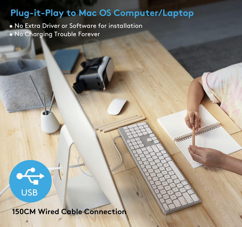 Wired Keyboard for Apple Mac OS, All-Aluminum Frame, Plug-N-Play Cable Connection, Desktop USB Keyboard with Numeric Keypad Compatible with iMac Computer or MacBook Laptop by Yivandi -White