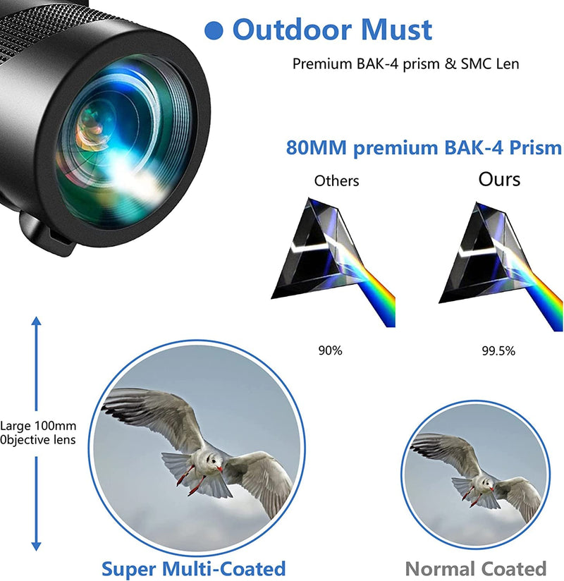 80x100 Monocular-Telescope High Powered for Smartphone Monoculars for Adults High Definition Monocular Telescope for Stargazing Hunting Wildlife Bird Watching Travel Camping Hiking black