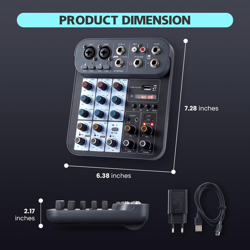 [AUSTRALIA] - 4 Channel DJ Audio Mixer, DJ Mixers Sound Board, Sound Mixer Board XLR 1/4" Interface, BT USB MP3 Computer Input 48V Phantom Power Stereo Karaoke DJ Studio Streaming KTV Stage G4B 