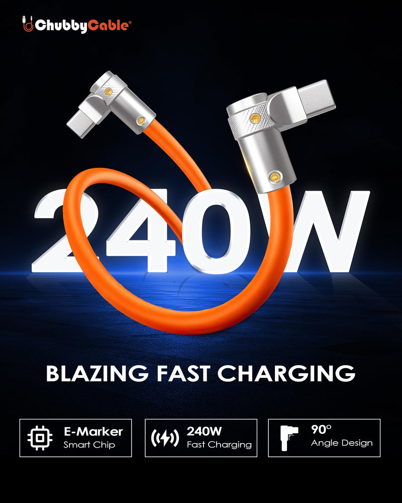 chubbycable 240W Charging Cable 90° USB C to C Cable, Black, 19.6FT | Right Angle USB C Cable, 45,000+ Bend Tested, 480Mbps Data Transfer, E-Marker Safety Chip, 6mm Extra Thick, Tangle-Free 19.6ft (6m) Type C-Type C