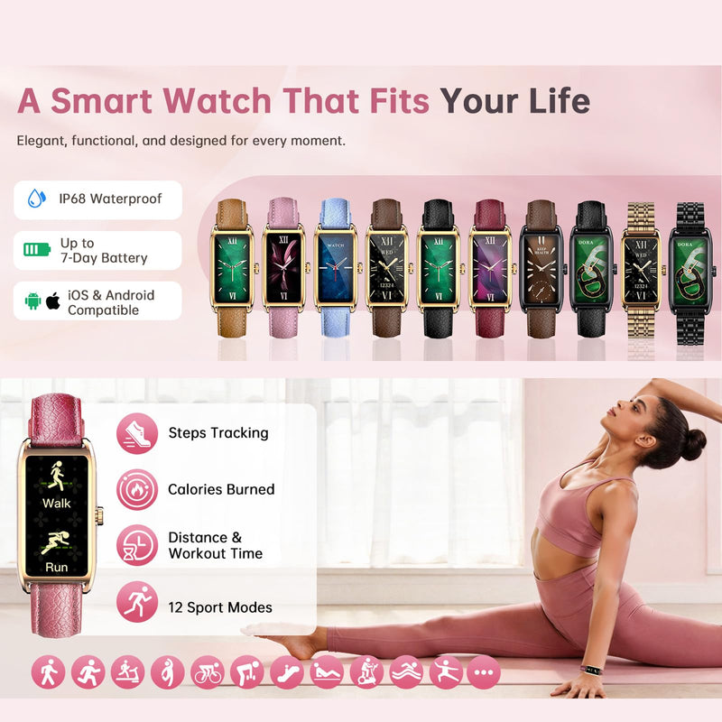 Loluka Fitness Tracker Luxury Slim Smart Bracelet for Women with Heart Rate Sleep Monitor Step Counter Calories Reloj Inteligente para Mujer 1.13''AMOLED Touch Color Screen Brown Leder Strap Black Brown
