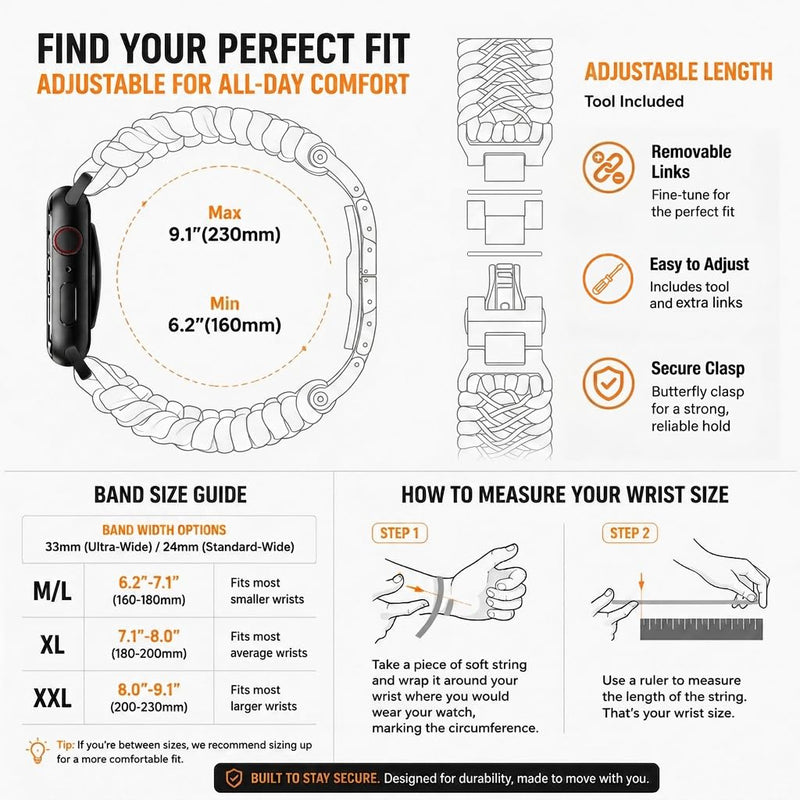Tefeca Titan Series Ultra Wide Paracord Band Compatible with Apple Watch/Ultra Ultra wide 49/46/45/44mm M/L Black
