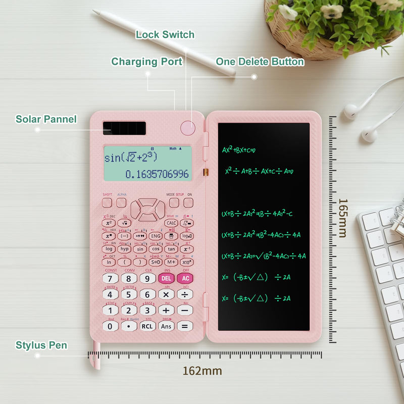 991ES MAX 417 Functions Scientific Calculators 4-Line Display with Notepad | ROATEE Rechargeable CalcNote, Foldable Portable for High School College Students and Teacher Back to School Supplies(Pink) Pink
