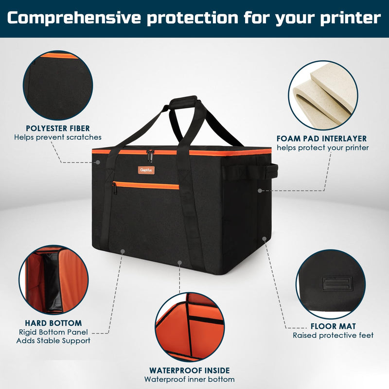 Padded Printer Carrying Case,Heavy Duty Water Resistant 600D Exterior | Thick Padding & Multiple Pockets for Event Printers, Accessories & Cords Jet Black