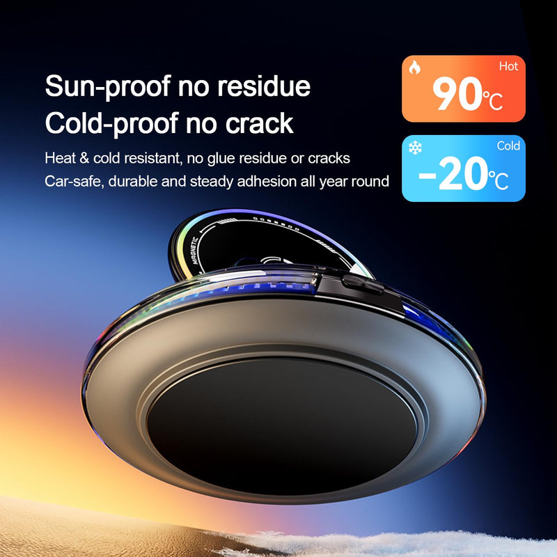 Wireless Car Charger Phone Holder for Dashboard,One-Hand Operation 15W | Fast Charging for MagSafe iPhone , 7-Color RGB Light On/Off, 360° Rotating View, Automatic Dual-Hook Locking