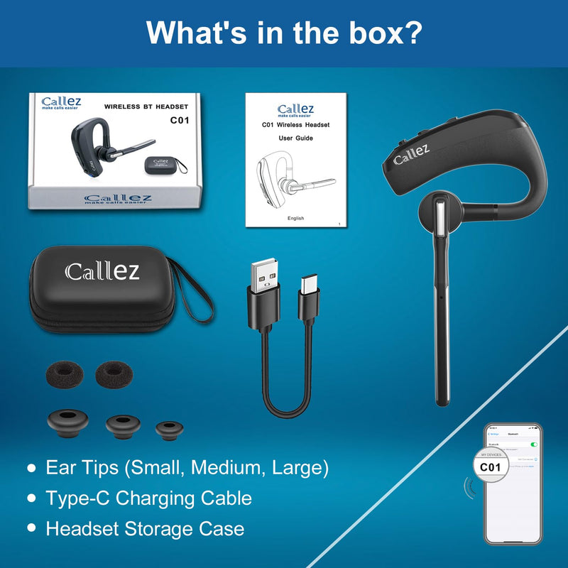 Bluetooth Headset for iPhone Android Cell Phone, Bluetooth Earpiece V5.0 with CVC8.0 Dual Mic Noise Cancelling & Mute/Volume Buttons, Hands-Free Wireless Headset for Trucker Business Office Black