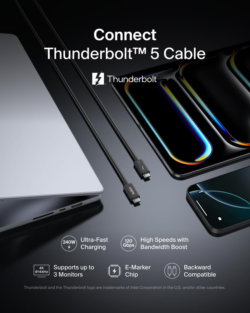 Belkin Thunderbolt 5 Cable 1M | 80Gbps data transfer, high-speed cable, USB4, laptop, MacBook, docking station