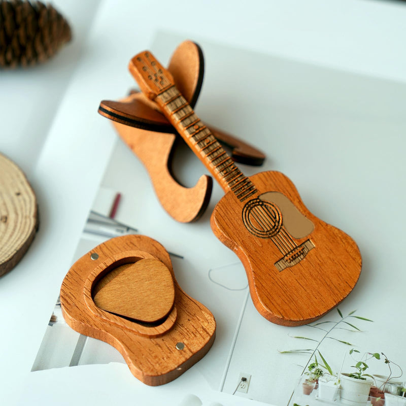 Wooden Guitar Pick Box with Stand,6PCS Unique Guitar Picks Guitar Pick Holder Box,Musician Engraved Wooden Plectrum Case,Acoustic Guitar Box for Electric Bass Guitar Ukulele Lover