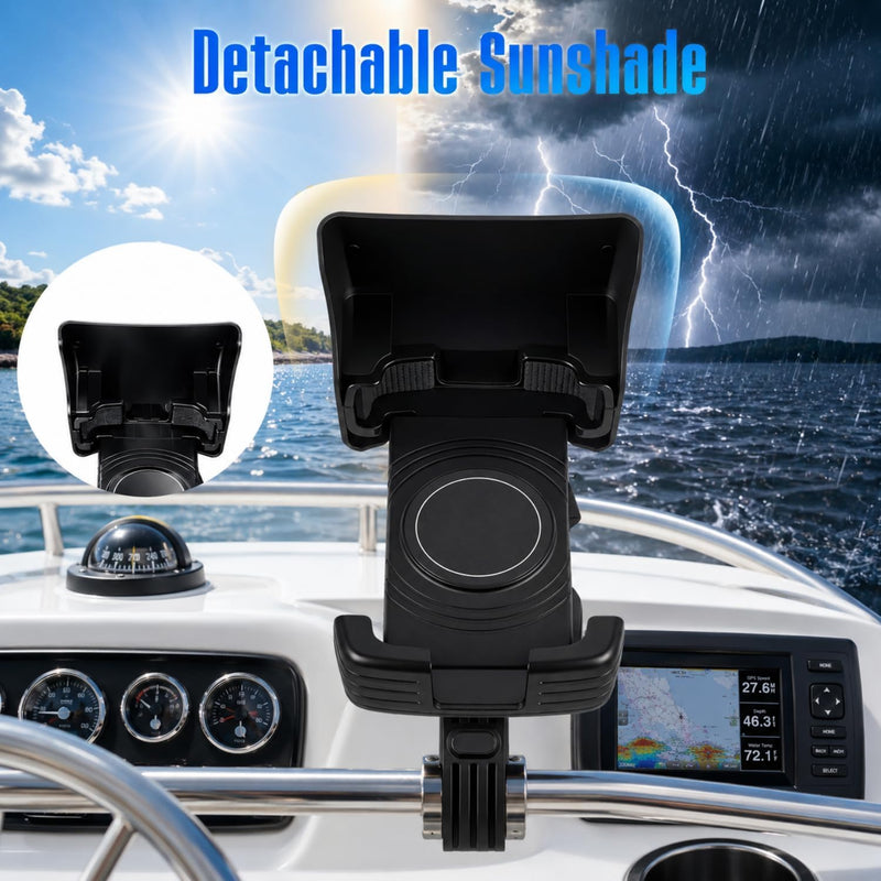 Tellegloww 1 Pack Boat Phone Holder, Crab Clamp, with Sunshade, Black | Crab Clamp Suction or Clip Mount, 360 Swivel Ball Joint Adjustable Angles, Sunshade Reduces Glare, Fits Boat Rails Kayak