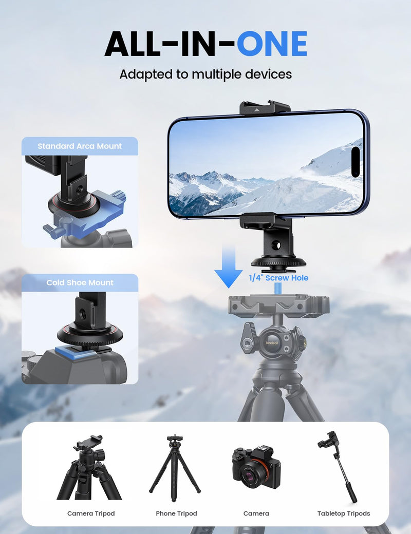 [AUSTRALIA] - Lamicall Aluminum Phone Tripod Mount with 3 Cold Shoes & Arca Port & 1/4" Thread, [Wider Clamp] Camera Phone Holder Adapter Valentines Day Gift for iPhone 17 Smartphone Tripod Cell Phone Holder 